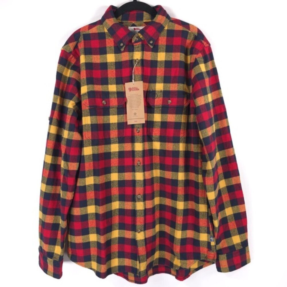 NWT FJALLRAVEN Flannel Shirt Red Plaid Skog Slim Fit Long Sleeve Outdoor LARGE